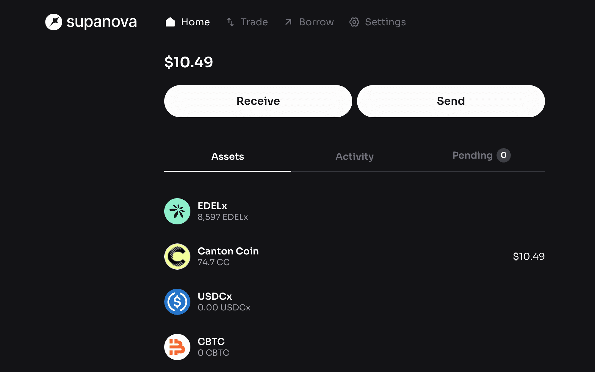 The supanova app: balance, receive and send, and the asset list with EDELx, Canton Coin, USDCx and CBTC