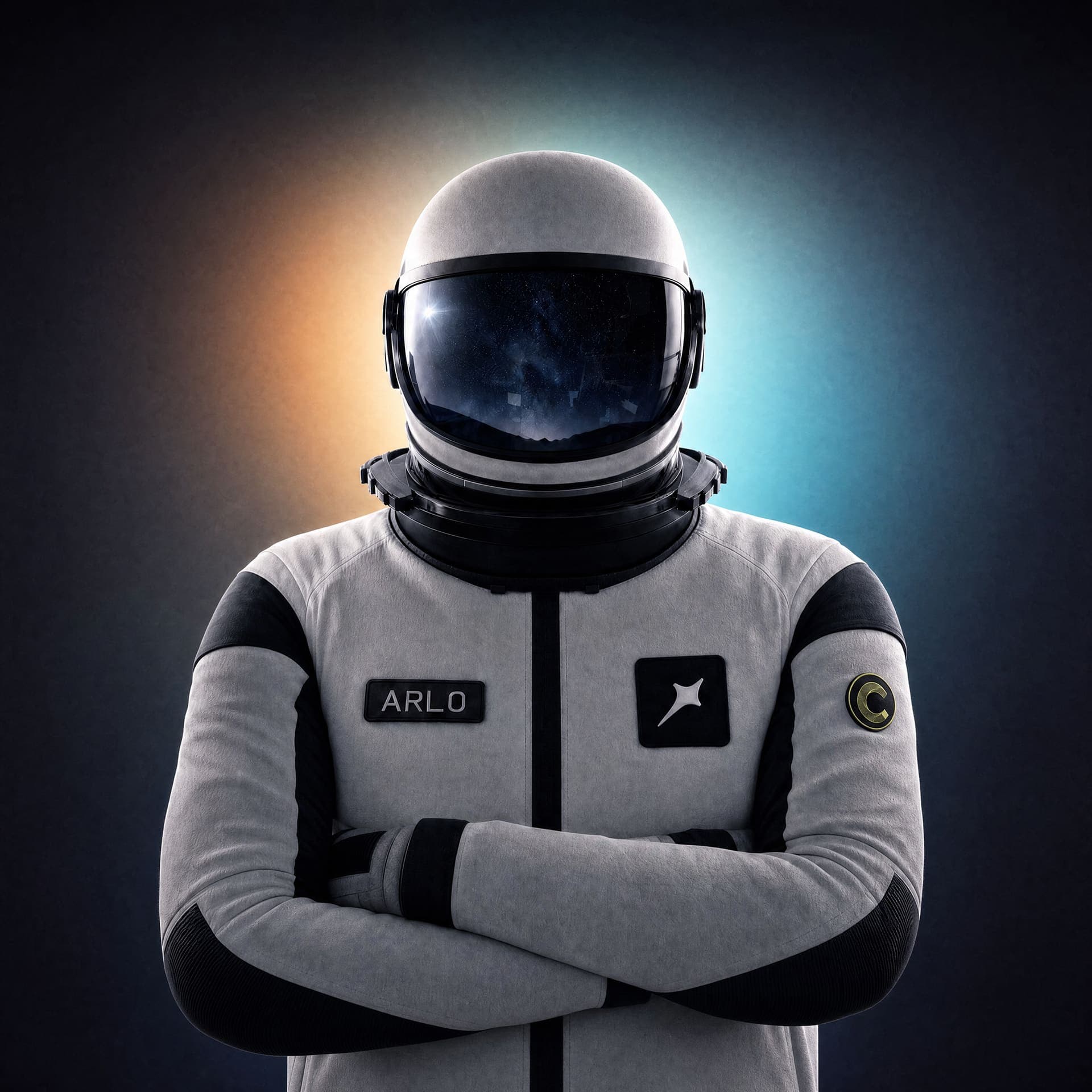 A supanova astronaut, helmet visor reflecting the night sky